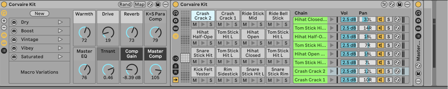 Ableton drum instrument samples and panning configuration