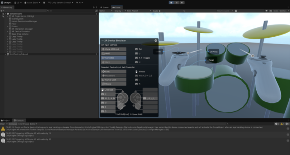 Unity editor showing BandSimLIVE controller bindings and triggered output