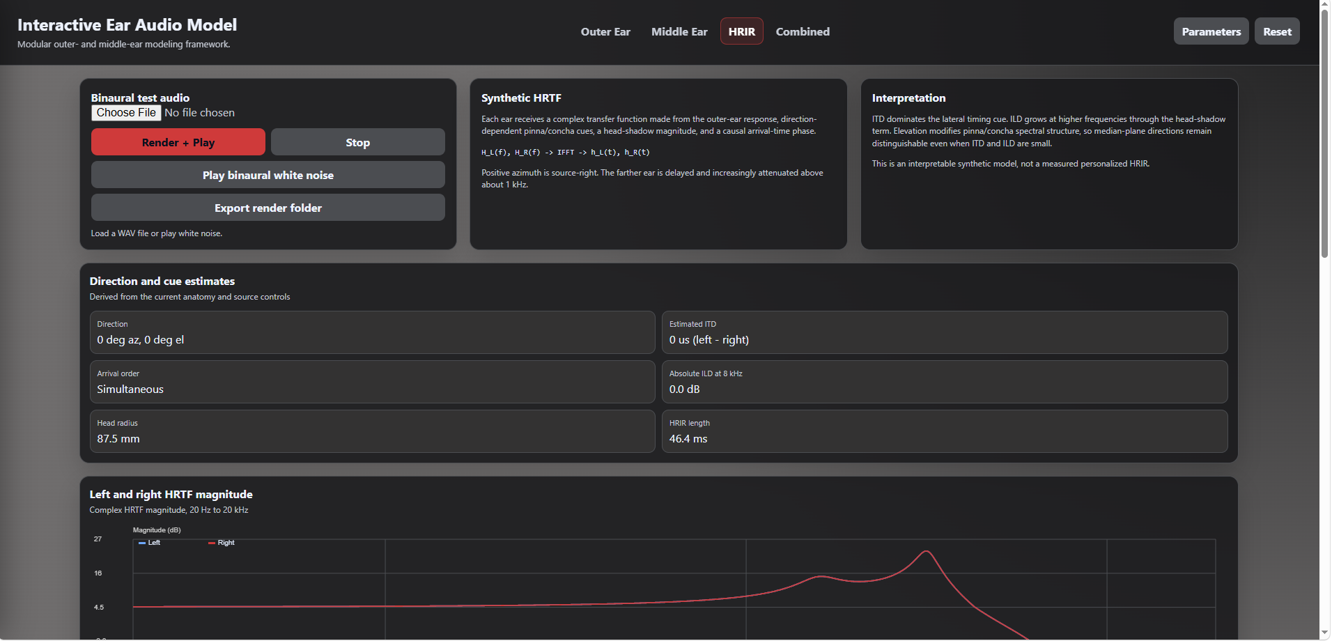 Synthetic binaural renderer and source-direction controls.