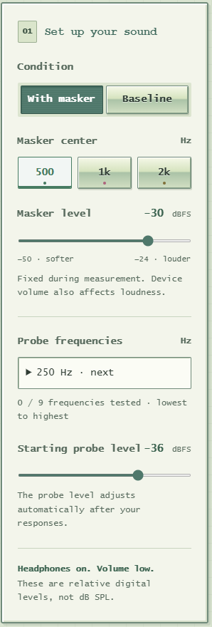JSmasklab sound setup controls for masker and probe levels.