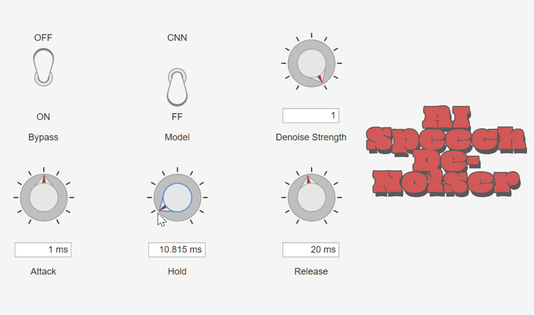 SpeechDenoiser interface with Bypass, FF and CNN model selection, Denoise Strength, Attack, Hold, and Release controls